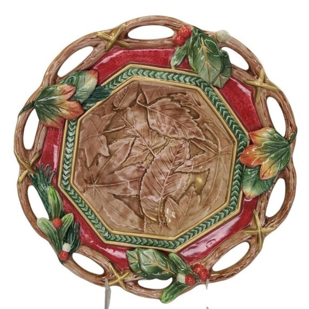 Fitz and Floyd Christmas‎ Lodge Candy Snack Bowl Dish Pierced Embossed Leaves